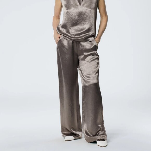 Tibi Sion Satin Wide Leg Pull On Pant, Slate Grey Size M - Picture 1 of 7